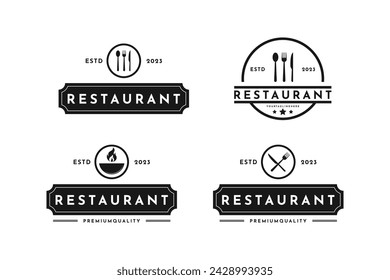 Restaurant logo design vintage retro label stamp with spoon, knife and fork set collection