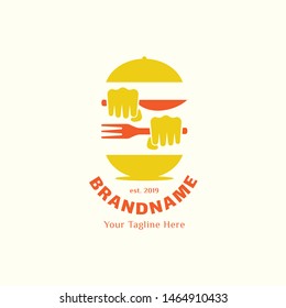 Restaurant logo, eat meal with holding on knife and fork