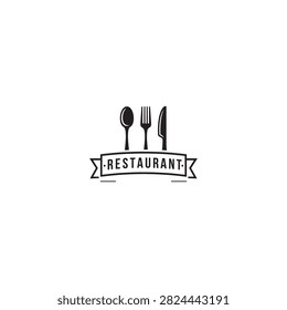 Restaurant logo emblem with spoon fork and knife silhouette restaurant utensils catering minimalist culinary cookware tableware gastronomy