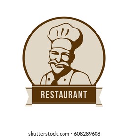 Restaurant logo with face of a chef. Vector illustration