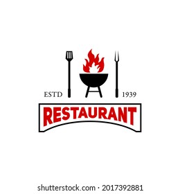 restaurant logo with fiery grill stove, simple and line style logo