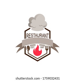 Restaurant logo with fire and barbecue, Creative logo art taste restaurant template design, Shield and restaurant icon