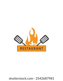 Logotipo del restaurante con fuego y espátula, fuego, llama con espátula, Ilustración vectorial
