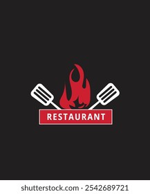 Logotipo del restaurante con fuego y espátula, fuego, llama con espátula, Ilustración vectorial

