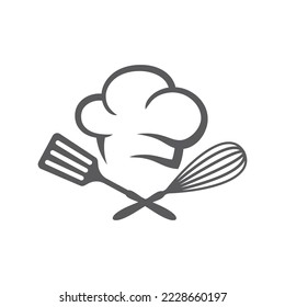 Restaurant logo, food symbol with chef cap. Crossed whisk wire and spatula, cooking vector icon.