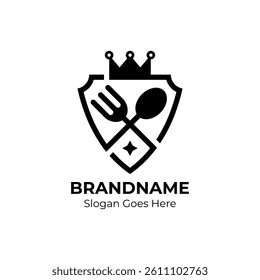 Restaurant logo with fork, spoon, and crown design template. Emblem or shield restaurant logo.