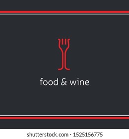 Restaurant logo with fork and two bottles of wine. Food and wine logo design template. Crative emblem for restaurant and wine bar.