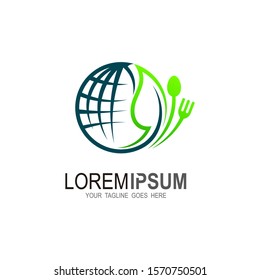 Restaurant logo with globe , cutlery logo and leaf design template