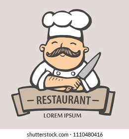 Logo des Restaurants. Handgezeichnete Vektorgrafik des Chefkochs mit Schnurrbart und Messer in einem weißen Kleid. Chefkoch-Logo.