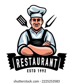 Restaurant logo. Happy chef in hat with meat frying tools. Grill food emblem. Food concept vector illustration