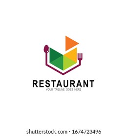 Restaurant logo with hexagon design illustration, Cutlery icons, Pizza logo