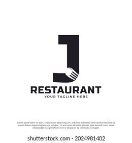 Logo del restaurante. Letra inicial J con horquilla de cuchara para la plantilla de diseño del icono del logotipo del restaurante