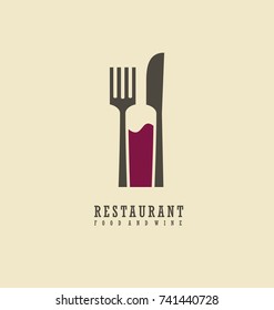 Restaurant Logo With Knife, Fork And Wine Bottle In Negative Space. Food And Wine Symbol Design. Creative Emblem For Restaurant Or Wine Bar.