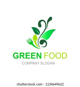 restaurant logo with leaf design illustration, spoon and fork icon, cutlery design template