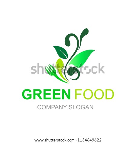 restaurant logo with leaf design illustration, spoon and fork icon, cutlery design template