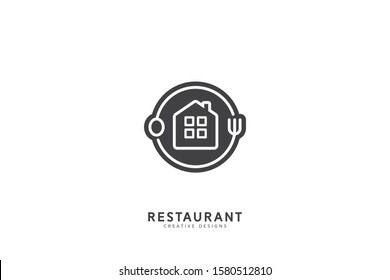 Restaurant logo. line art logo, spoon and fork vector illustration, home food icon, salad food symbol