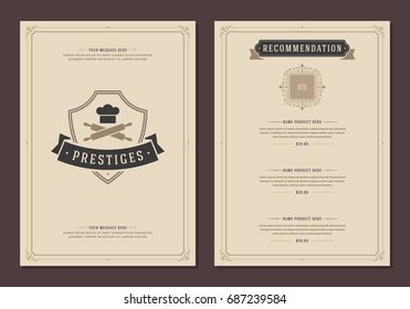 Restaurant logo and menu cover design vector brochure template. Chef cook hat silhouette.