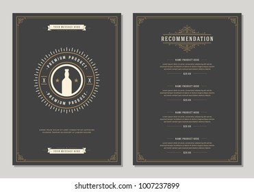 Restaurant logo and menu design vector brochure template. Beer bottle silhouette.