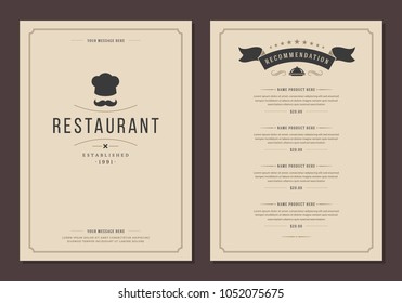 Diseño del logotipo del restaurante y diseño del menú, plantilla de folleto vectorial. Silueta de sombrero de chef.