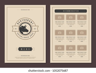 Restaurant logo and menu design vector brochure template. Cow head silhouette.