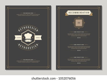 Restaurant logo and menu design vector brochure template. Chef hat silhouette.