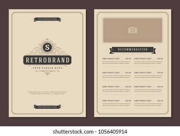 Restaurant logo and menu design vector brochure template. Luxury ornament.