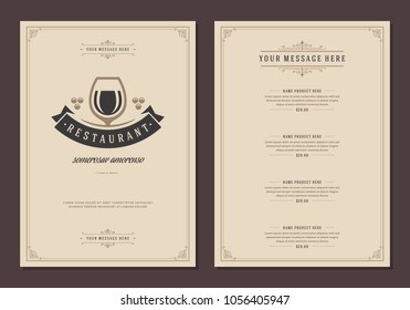 Restaurant logo and menu design vector brochure template. Wineglass silhouette.