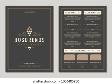 Restaurant logo and menu design vector brochure template. Grapes silhouette.