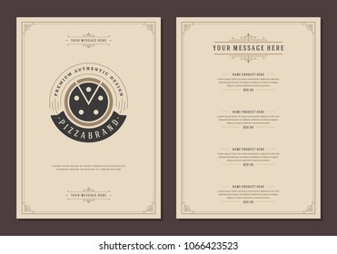 Restaurant logo and menu design vector brochure template. Pizza silhouette.