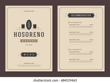 Restaurant logo and menu design vector brochure template. Bakery bread silhouette.