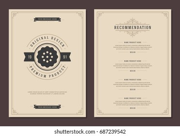 Restaurant logo and menu design vector brochure template. Bakery cookie silhouette.