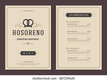 Restaurant logo and menu design vector brochure template. Bakery pretzel silhouette.