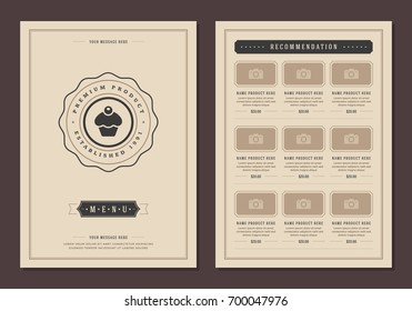 Restaurant logo and menu design vector brochure template. Bakery cupcake silhouette.