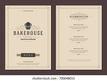 Restaurant logo and menu design vector brochure template. Bakery cupcake silhouette.