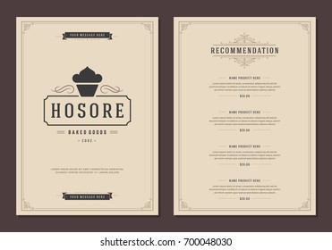 Restaurant logo and menu design vector brochure template. Bakery cupcake silhouette.