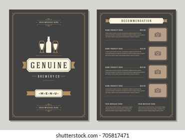 Restaurant logo and menu design vector brochure template. Beer cup silhouette.