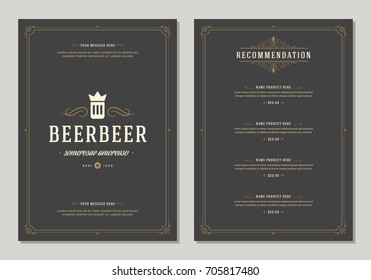 Restaurant logo and menu design vector brochure template. Beer cup silhouette.