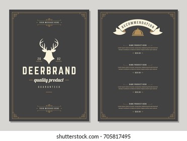 Restaurant logo and menu design vector brochure template. Deer silhouette.