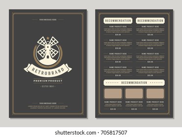 Restaurant logo and menu design vector brochure template. Mill silhouette.