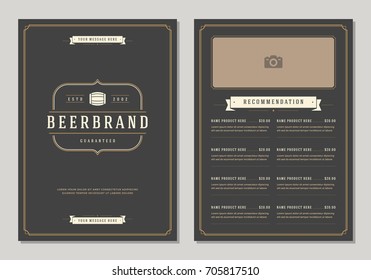 Restaurant logo and menu design vector brochure template. Beer barrel silhouette.