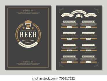Restaurant logo and menu design vector brochure template. Beer cup silhouette.