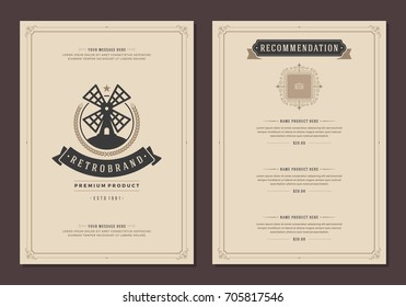 Restaurant logo and menu design vector brochure template. Mill silhouette.