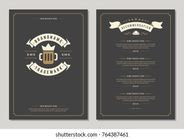 Restaurant logo and menu design vector brochure template. Beer cup silhouette.
