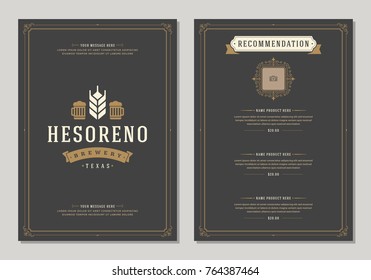 Restaurant logo and menu design vector brochure template. Beer cup silhouette.