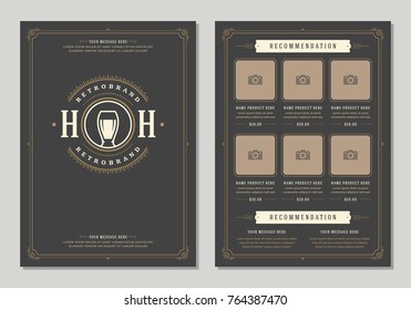 Restaurant logo and menu design vector brochure template. Beer cup silhouette.