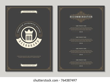 Restaurant logo and menu design vector brochure template. Beer cup silhouette.