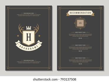 Restaurant logo and menu design vector brochure template. Deer horns silhouette.