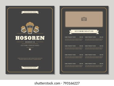 Restaurant logo and menu design vector brochure template. Beer cup silhouette.