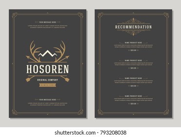 Restaurant logo and menu design vector brochure template. Deer horns silhouette.