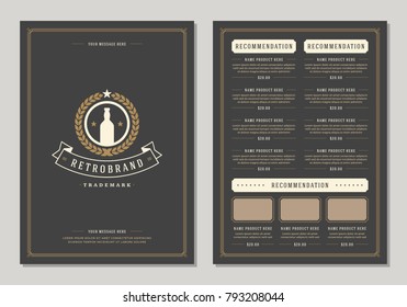 Restaurant logo and menu design vector brochure template. Beer bottle silhouette.